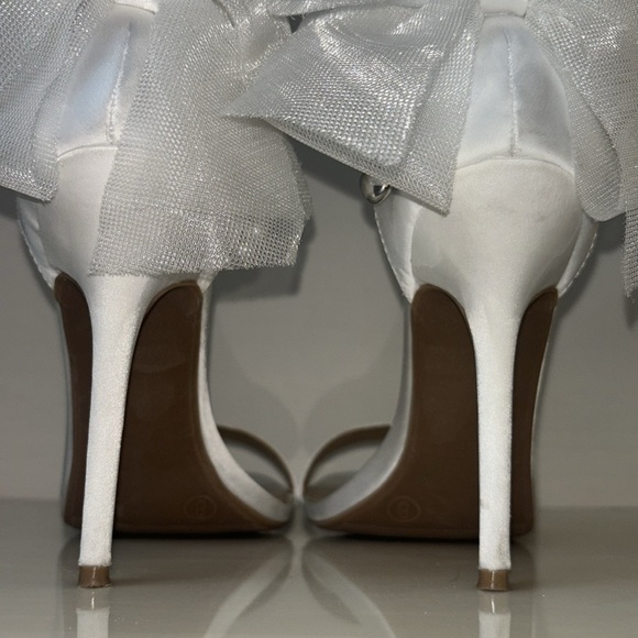 Ivory Satin Bow Pearl Ankle Strap High Heel - Picture 8 of 10